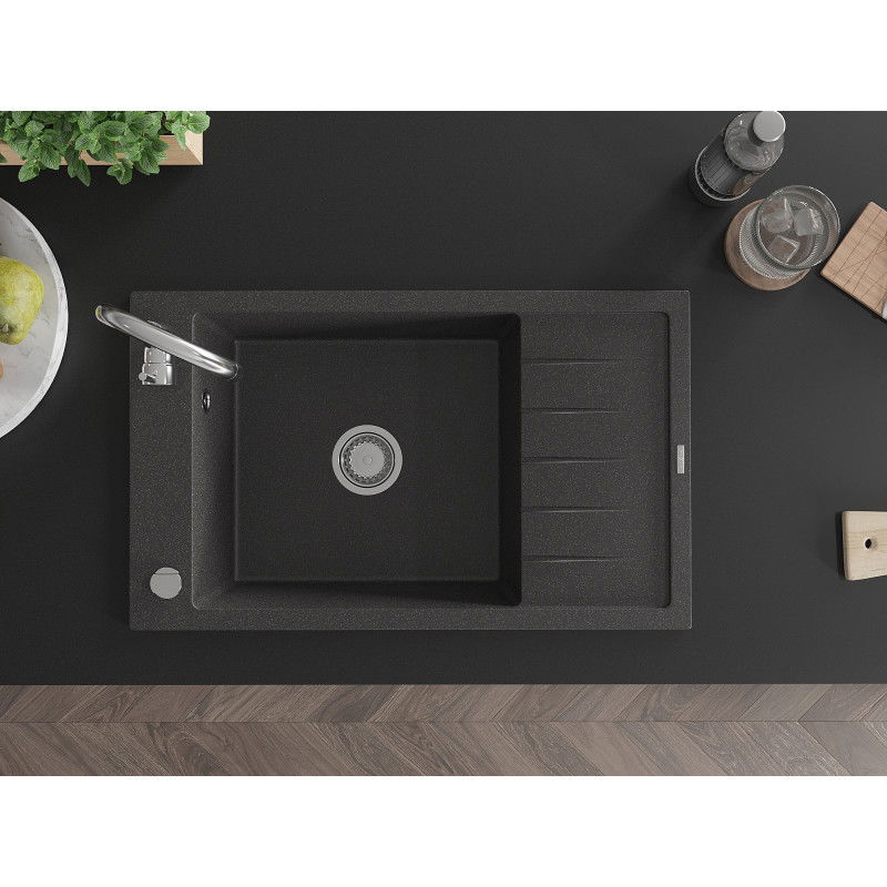 Mexen Elias chiuvetă de granit cu 1 compartiment cu scurgător 795 x 480 mm, negru tărcat, sifon crom - 6511791005-76