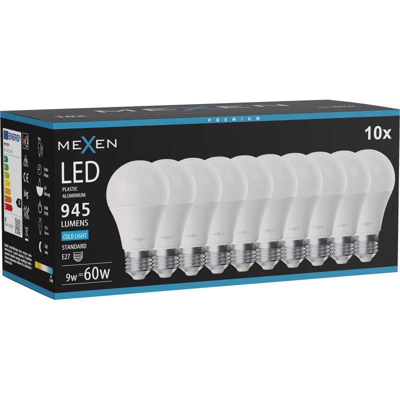 Mexen Nova 10x LED izzó E27, A60, 9W, Hideg - 6500K, 945 lm - L100-E27-0965-01x10