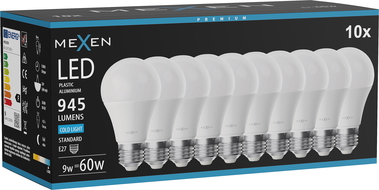 Mexen Nova 10x LED izzó E27, A60, 9W, Hideg - 6500K, 945 lm - L100-E27-0965-01x10