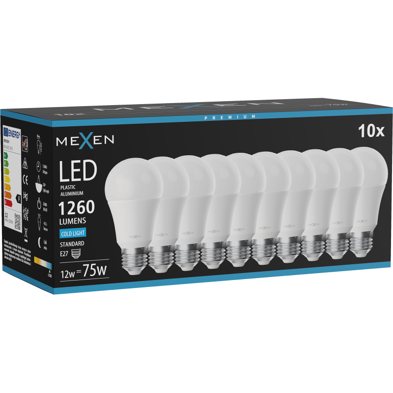 Mexen Nova 10x LED izzó E27, A60, 12W, Hideg - 6500K, 1260 lm - L100-E27-1265-01x10