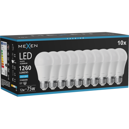 Mexen Nova 10x LED izzó E27, A60, 12W, Hideg - 6500K, 1260 lm - L100-E27-1265-01x10