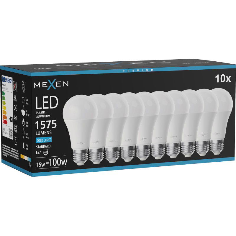 Mexen Nova 10x LED izzó E27, A60, 15W, Hideg - 6500K, 1575 lm - L100-E27-1565-01x10