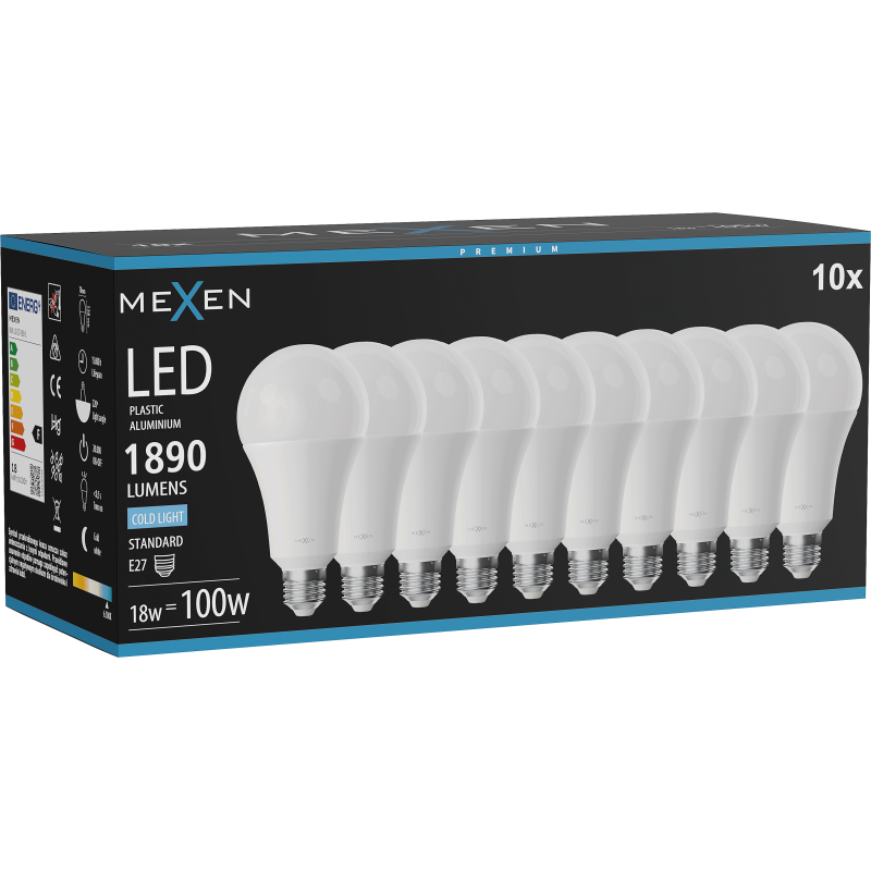 Mexen Nova 10x LED izzó E27, A70, 18W, Hideg - 6500K, 1890 lm - L100-E27-1865-01x10