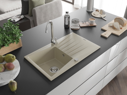 Mexen Cesar Chiuvetă de granit cu 1 cuvă și picurător 775 x 470 mm, bej, sifon cromat - 6514771010-69