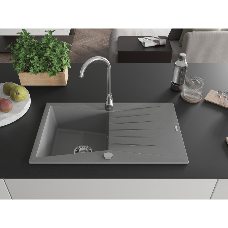 Mexen Cesar chiuvetă de granit cu o singură cuvă și scurgător 775 x 470 mm, gri, sifon crom - 6514771010-71