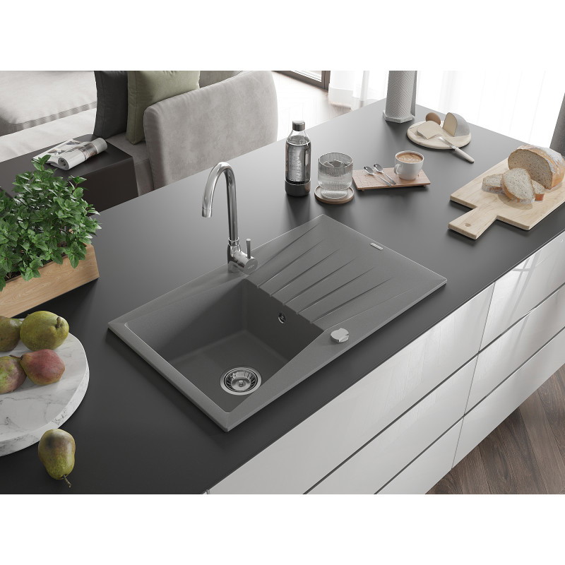 Mexen Cesar chiuvetă de granit cu o singură cuvă și scurgător 775 x 470 mm, gri, sifon crom - 6514771010-71