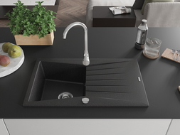 Mexen Cesar chiuvetă de bucătărie din granit cu 1 compartiment și scurgător 775 x 470 mm, negru/argintiu metalic, sifon crom - ?