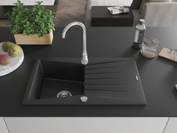 Mexen Cesar chiuvetă de granit cu o singură cuvă cu scurgător, 775 x 470 mm, negru/argintiu metalizat, sifon crom