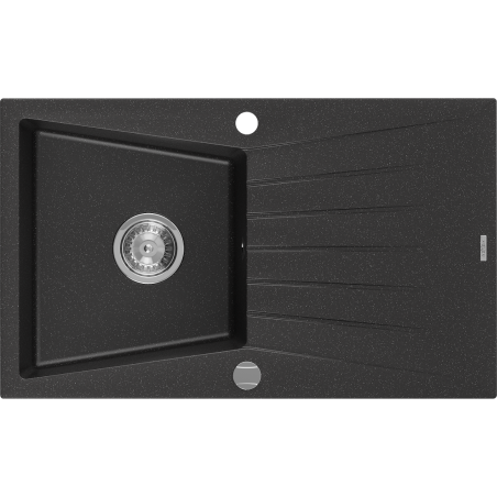 Mexen Cesar chiuvetă de granit cu o singură cuvă cu scurgător, 775 x 470 mm, negru/argintiu metalizat, sifon crom