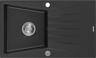 Mexen Cesar chiuvetă de granit cu o singură cuvă cu scurgător, 775 x 470 mm, negru/argintiu metalizat, sifon crom