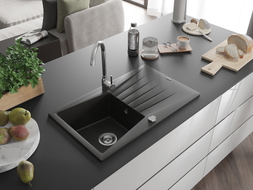 Mexen Cesar chiuvetă de bucătărie din granit 1 cuvă cu scurgător 775 x 470 mm, negru/auriu metalizat, sifon crom