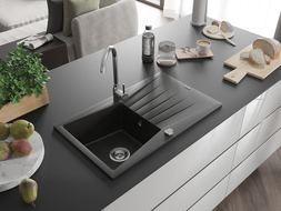 Mexen Cesar chiuvetă din granit cu 1 compartiment cu picurător 775 x 470 mm, Neagră/Auriu metalic - 6514771010-75