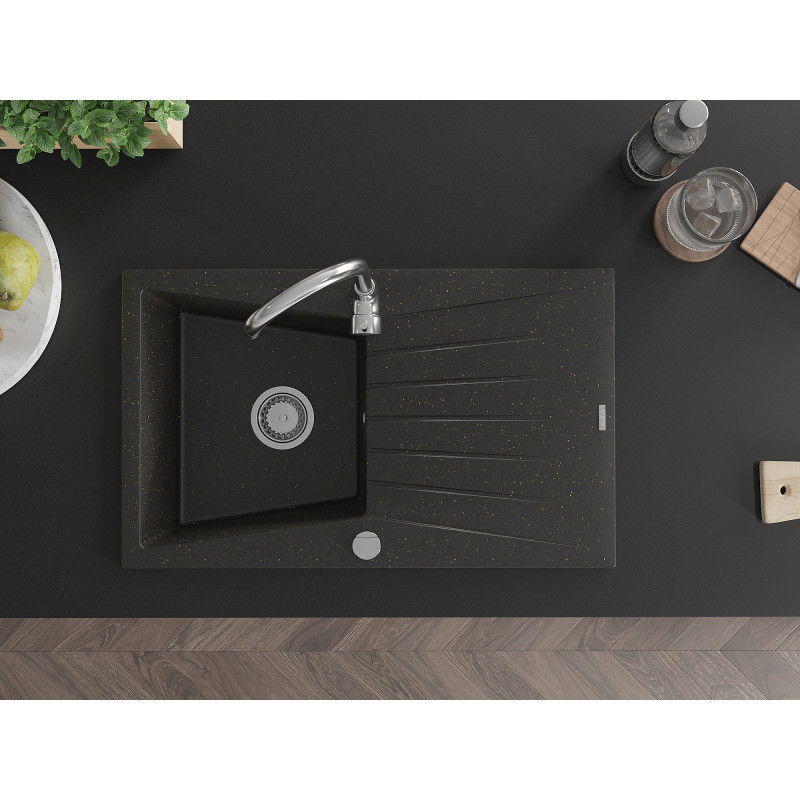 Mexen Cesar chiuvetă de granit cu 1 compartiment și scurgător 775 x 470 mm, negru/auriu metalizat, sifon cromat - 6514771010-75