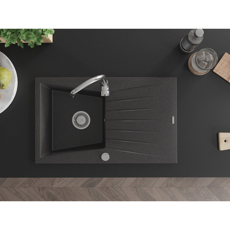 Mexen Cesar chiuvetă de bucătărie din granit cu 1 cuvă și picurător 775 x 470 mm, negru pătat, sifon crom - 6514771010-76