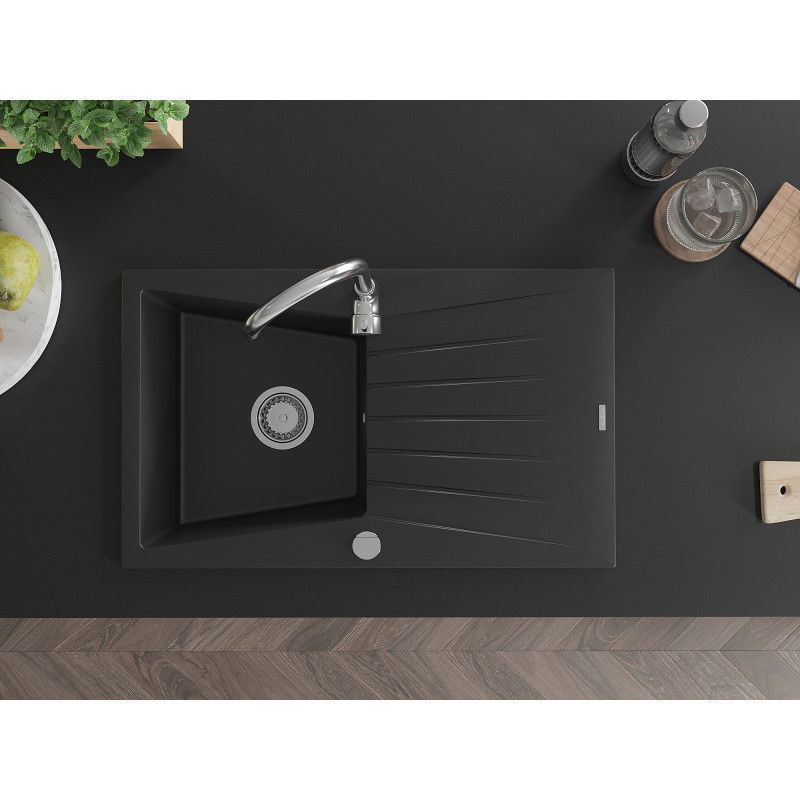 Mexen Cesar chiuvetă de granit cu 1 compartiment și scurgător 775 x 470 mm, negru, sifon crom - 6514771010-77