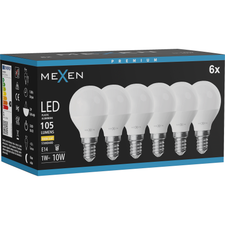 Mexen Nova 6x LED izzó E14, G45, 1W, Meleg - 3000K, 105 lm - L101-E14-0130-01x06