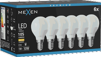 Mexen Nova 6x LED izzó E14, G45, 1W, Meleg - 3000K, 105 lm - L101-E14-0130-01x06