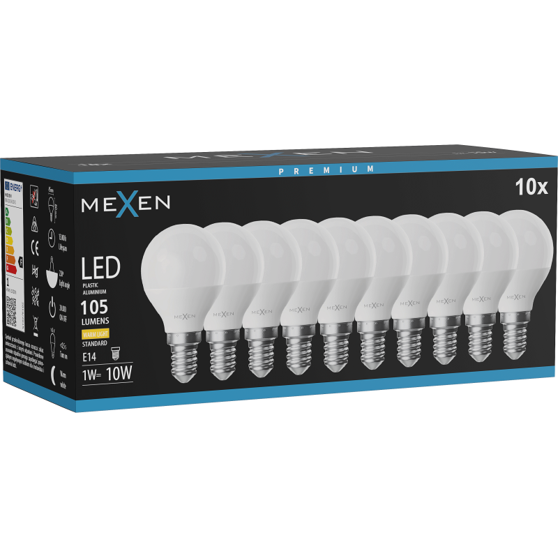 Mexen Nova 10x LED izzó E14, G45, 1W, Meleg - 3000K, 105 lm - L101-E14-0130-01x10