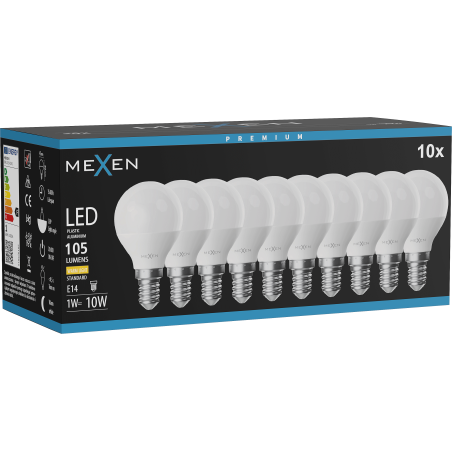 Mexen Nova 10x LED izzó E14, G45, 1W, Meleg - 3000K, 105 lm - L101-E14-0130-01x10