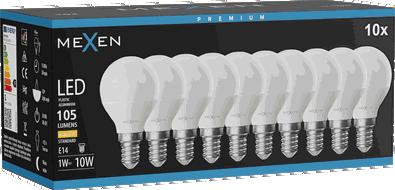 Mexen Nova 10x LED izzó E14, G45, 1W, Meleg - 3000K, 105 lm - L101-E14-0130-01x10
