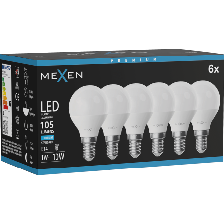 Mexen Nova 6x LED izzó E14, G45, 1W, Hideg - 6500K, 105 lm - L101-E14-0165-01x06