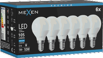 Mexen Nova 6x LED izzó E14, G45, 1W, Hideg - 6500K, 105 lm - L101-E14-0165-01x06