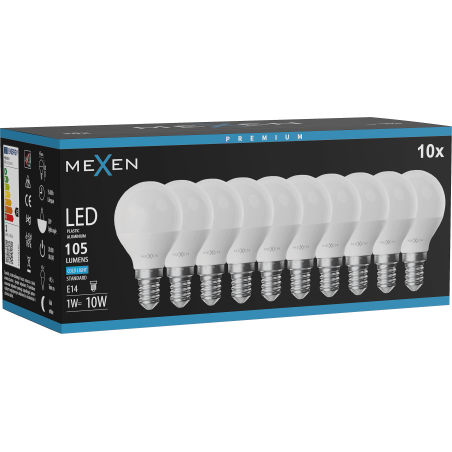 Mexen Nova 10x LED izzó E14, G45, 1W, Hideg - 6500K, 105 lm - L101-E14-0165-01x10