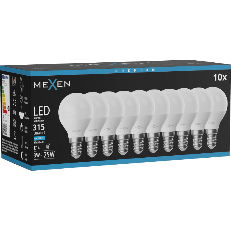 Mexen Nova 10x LED izzó E14, G45, 3W, Hideg - 6500K, 315 lm - L101-E14-0365-01x10