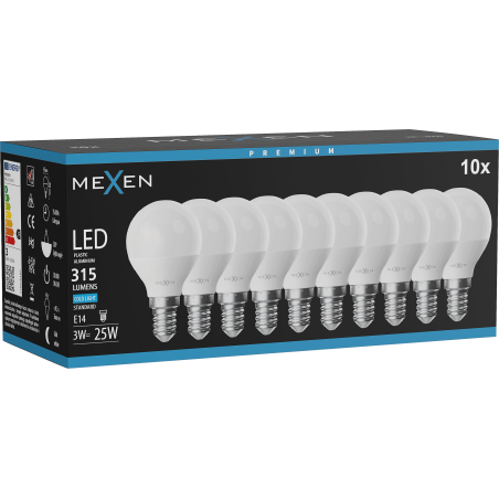 Mexen Nova 10x LED izzó E14, G45, 3W, Hideg - 6500K, 315 lm - L101-E14-0365-01x10