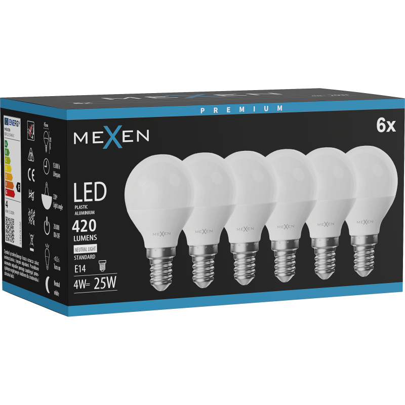 Mexen Nova 6x LED izzó E14, G45, 4W, Semleges - 4000K, 420 lm - L101-E14-0440-01x06