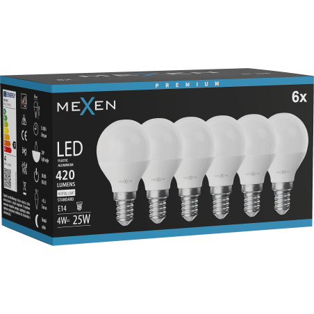 Mexen Nova 6x LED izzó E14, G45, 4W, Semleges - 4000K, 420 lm - L101-E14-0440-01x06