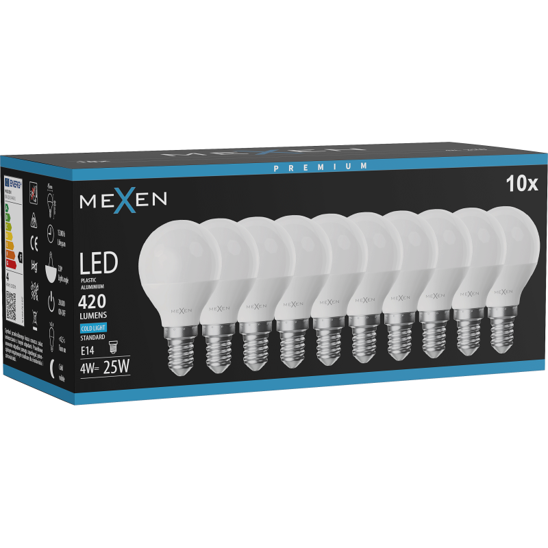 Mexen Nova 10x LED izzó E14, G45, 4W, Hideg - 6500K, 420 lm - L101-E14-0465-01x10