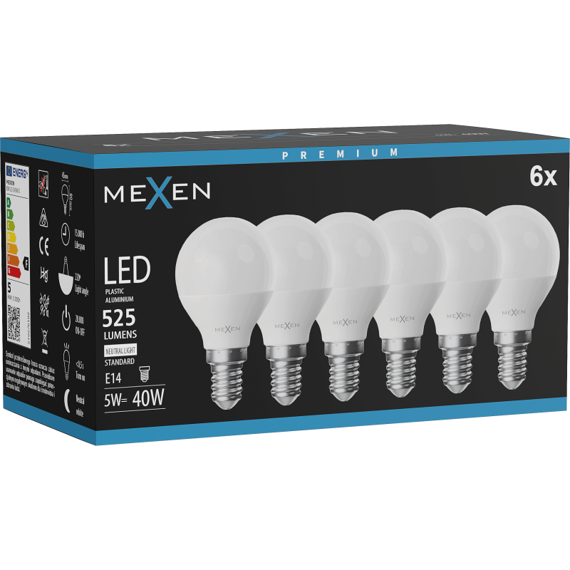 Mexen Nova 6x LED izzó E14, G45, 5W, Semleges - 4000K, 525 lm - L101-E14-0540-01x06