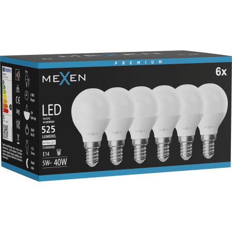Mexen Nova 6x LED izzó E14, G45, 5W, Semleges - 4000K, 525 lm - L101-E14-0540-01x06