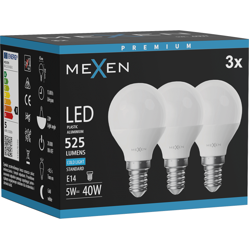 Mexen Nova 3x Bec LED E14, G45, 5W, Rece - 6500K, 525 lm - L101-E14-0565-01x03