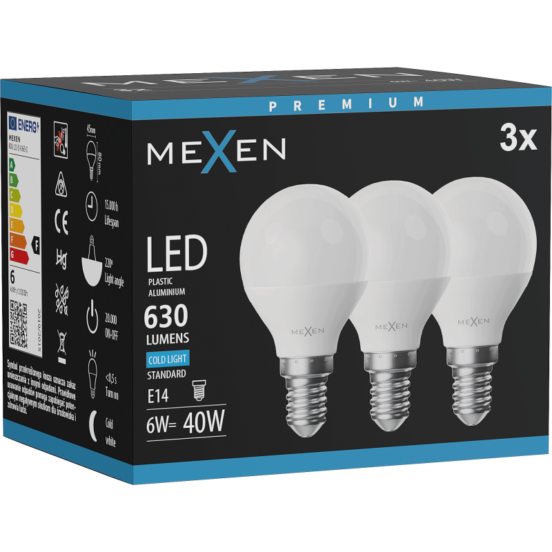 Mexen Nova 3x LED izzó E14, G45, 6W, Hideg - 6500K, 630 lm - L101-E14-0665-01x03