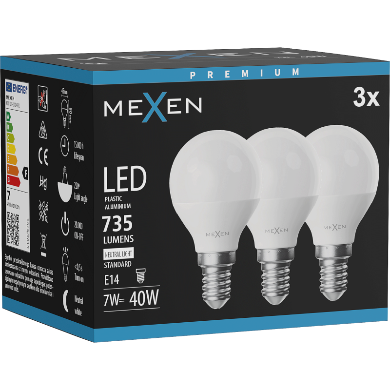 Mexen Nova 3x Bec LED E14, G45, 7W, Neutru - 4000K, 735 lm - L101-E14-0740-01x03