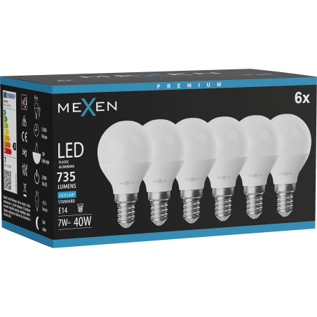 Mexen Nova 6x LED izzó E14, G45, 7W, Hideg - 6500K, 735 lm - L101-E14-0765-01x06
