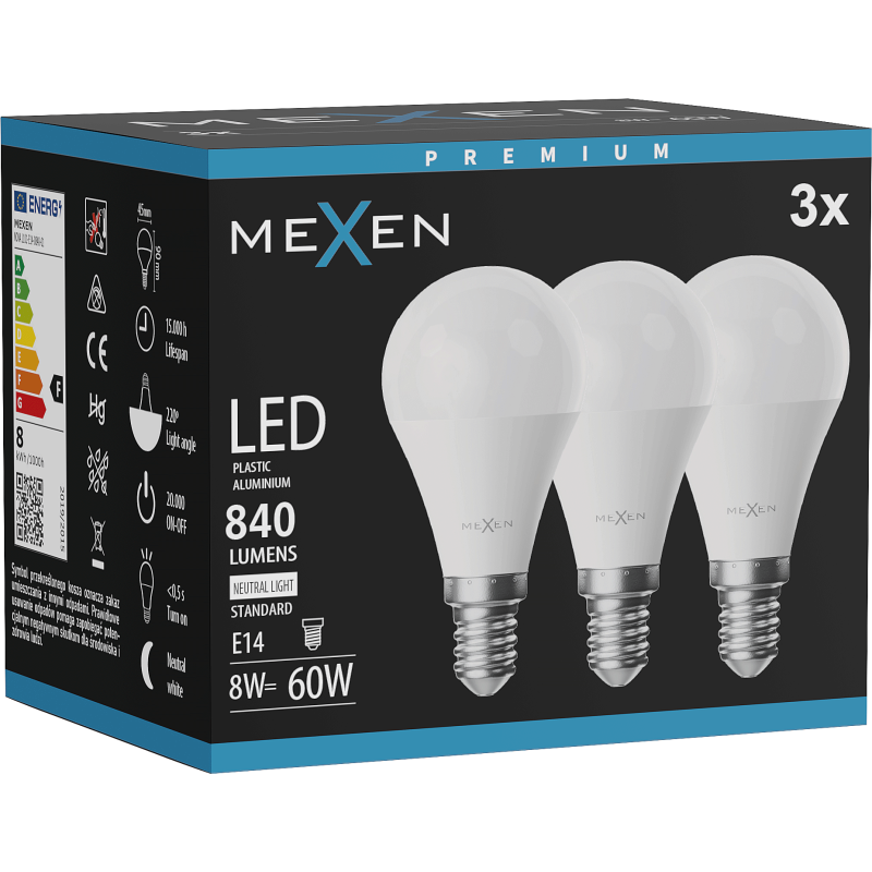 Mexen Nova 3x LED izzó E14, G45, 8W, Semleges - 4000K, 840 lm - L101-E14-0840-01x03