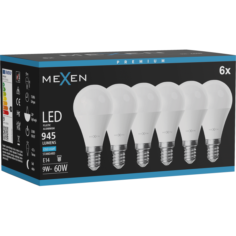 Mexen Nova 6x Bec LED E14, G45, 9W, Rece - 6500K, 945 lm - L101-E14-0965-01x06