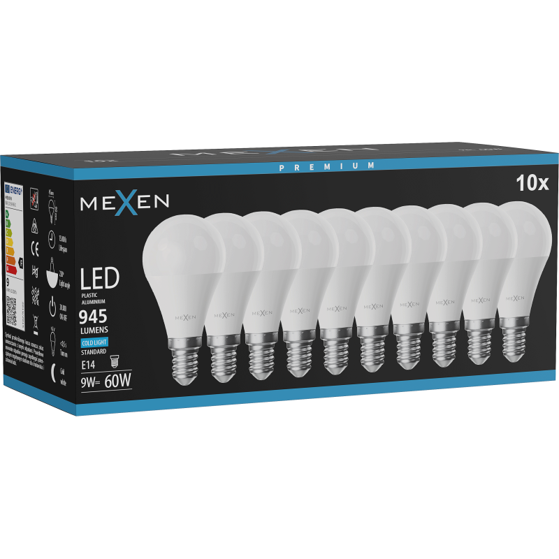 Mexen Nova 10x LED izzó E14, G45, 9W, Hideg - 6500K, 945 lm - L101-E14-0965-01x10