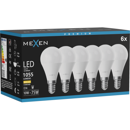 Mexen Nova 6x LED izzó E14, G45, 10W, Meleg - 3000K, 1055 lm - L101-E14-1030-01x06
