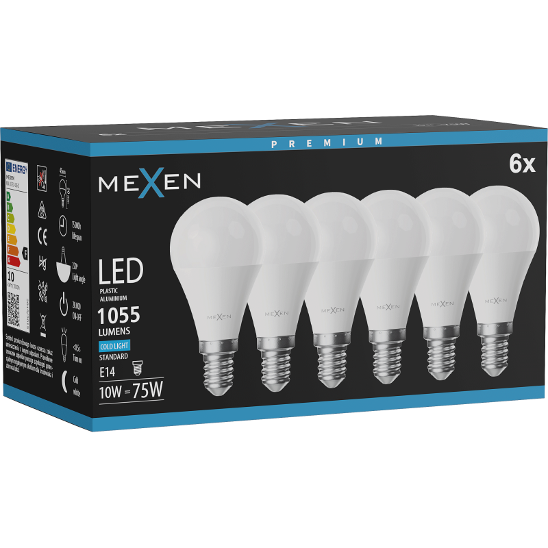 Mexen Nova 6x LED izzó E14, G45, 10W, Hideg - 6500K, 1055 lm - L101-E14-1065-01x06