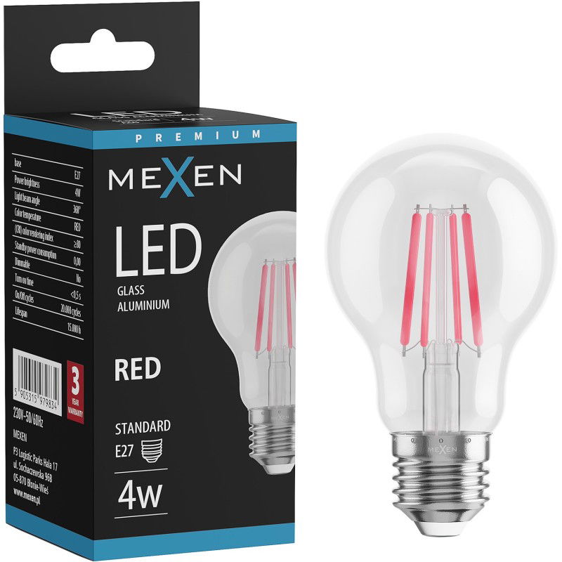 Mexen Vintis Bec LED filament E27, A60, 4W, 55 lm, roșu - L150-E27-04XX-45