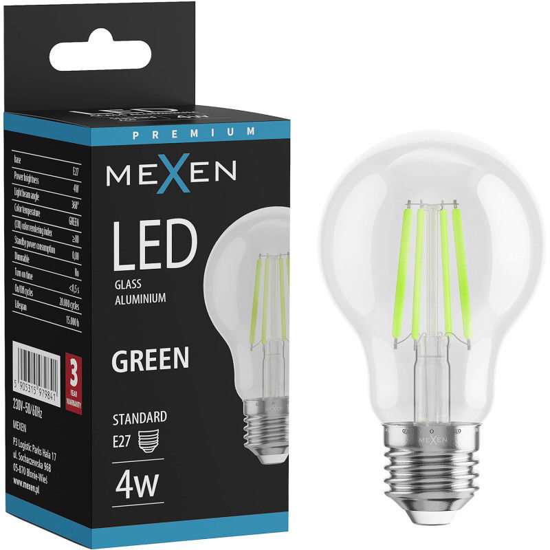 Mexen Vintis LED filament izzó E27, A60, 4W, 55 lm, zöld - L150-E27-04XX-46