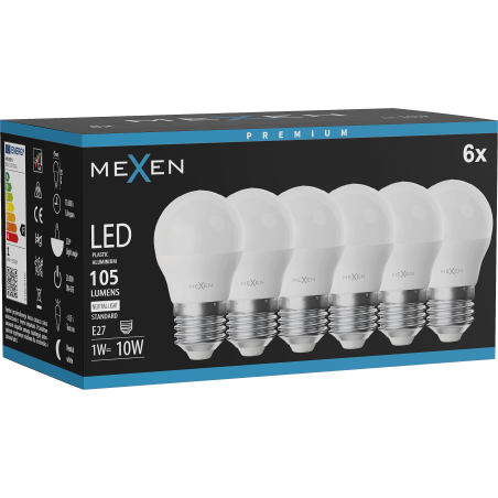 Mexen Nova 6x LED izzó E27, G45, 1W, Semleges - 4000K, 105 lm - L101-E27-0140-01x06