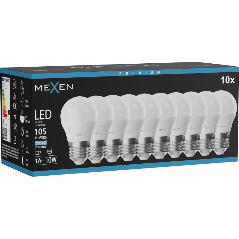 Mexen Nova 10x Bec LED E27, G45, 1W, Rece - 6500K, 105 lm - L101-E27-0165-01x10