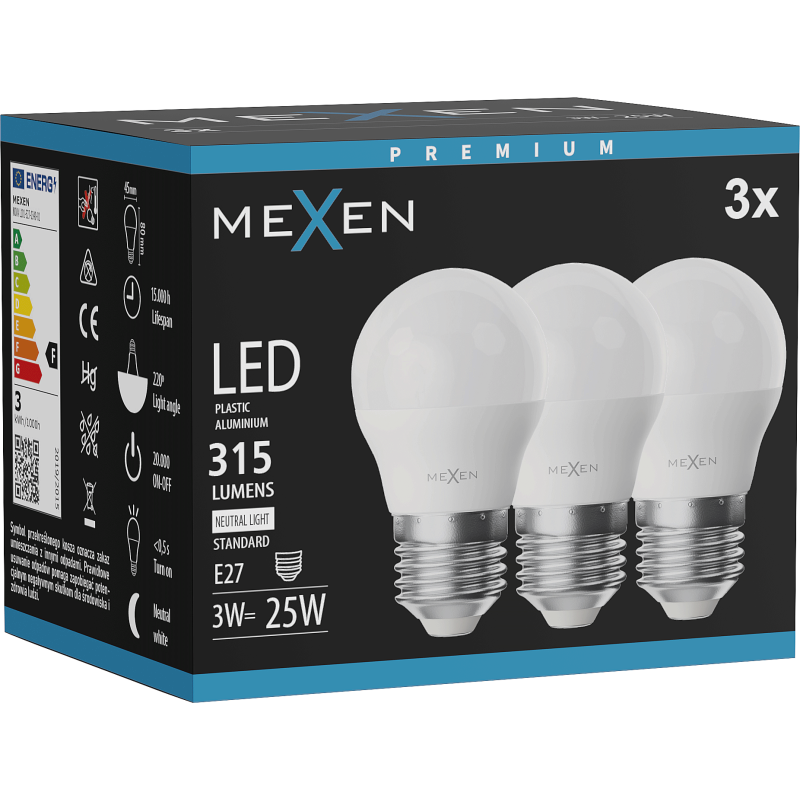 Mexen Nova 3x Bec LED E27, G45, 3W, Neutru - 4000K, 315 lm - L101-E27-0340-01x03