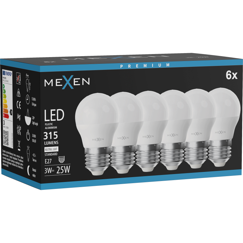 Mexen Nova 6x LED izzó E27, G45, 3W, Semleges - 4000K, 315 lm - L101-E27-0340-01x06