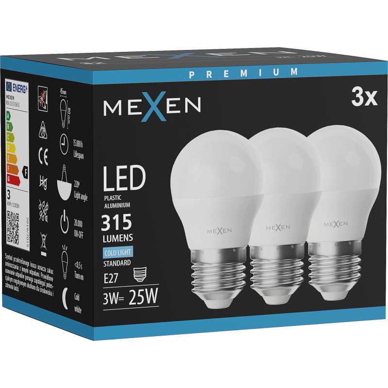 Mexen Nova 3x LED izzó E27, G45, 3W, Hideg - 6500K, 315 lm - L101-E27-0365-01x03